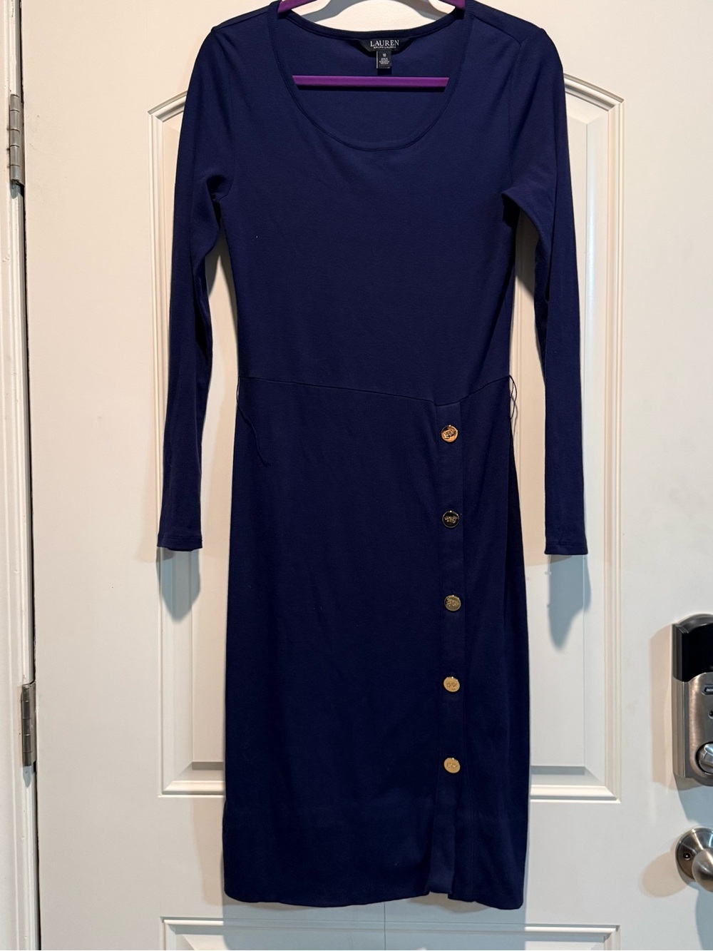 Lauren Ralph Lauren Navy Long Sleeve Scoop Neck Dress with Side Button Trim